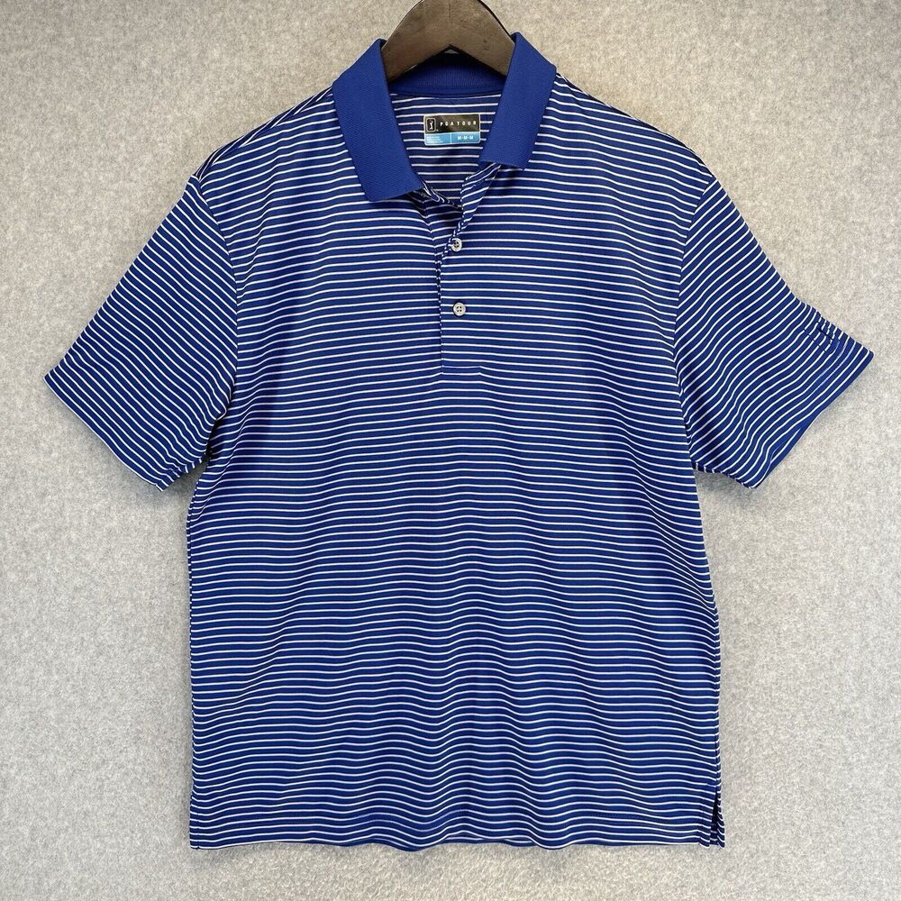 PGA Tour Mens Polo Golf Shirt Size Medium Blue Striped Short Sleeve Lightweight